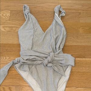 Sparkle Silver One-Piece Swimsuit with Waist Tie